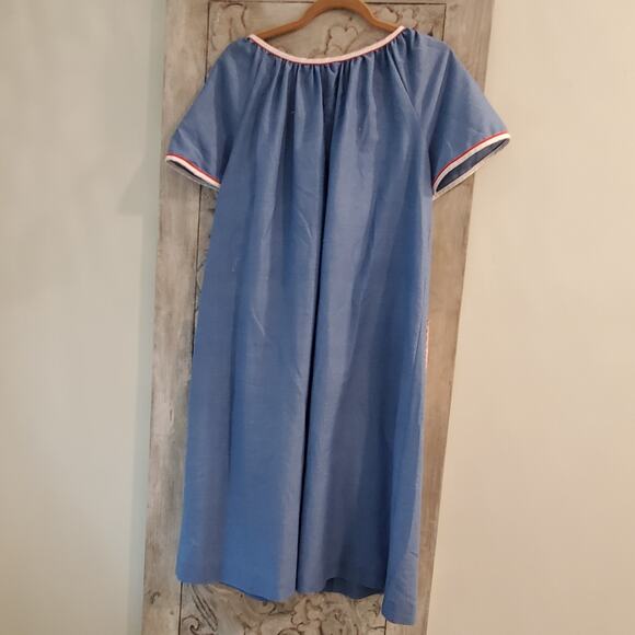 Komar House Dress Vtg Snap Front Kaftan Blue Red Stitching Lobster Pocket S/M - Picture 3 of 9